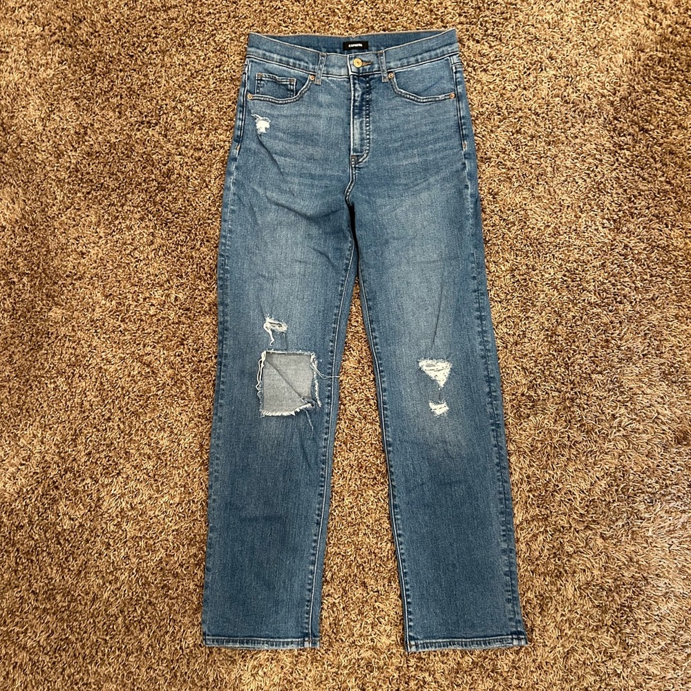 Express Modern Straight Super High Rise Distressed Jeans